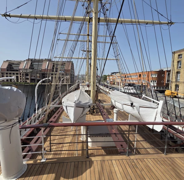 The Duchesse Anne yacht deck under maintenance.